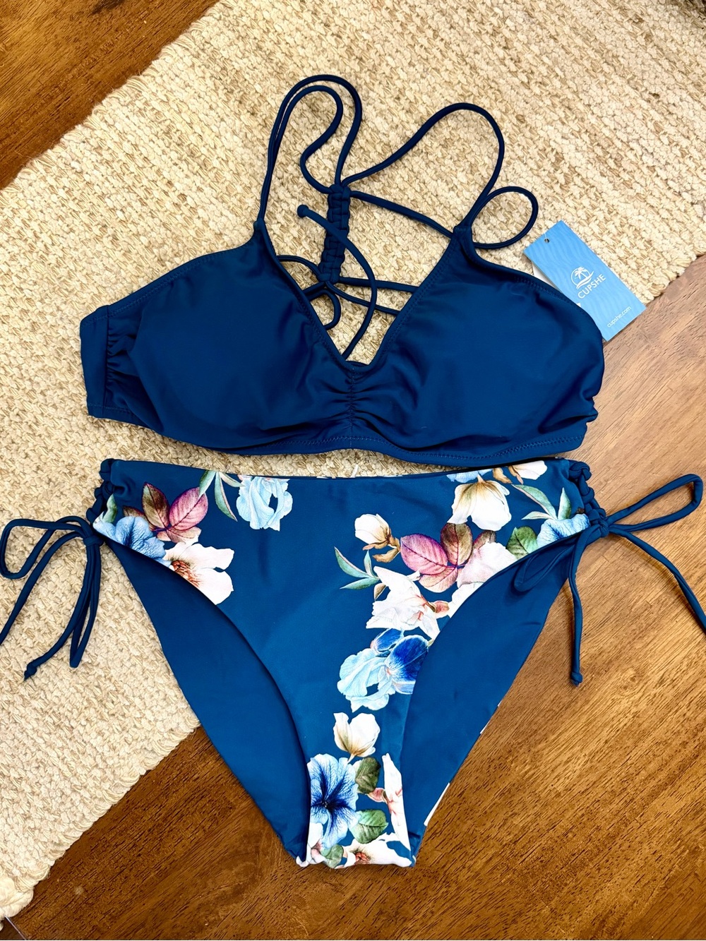 Cupshe blue  Floral Swimwear with Pink and White Accents NWT